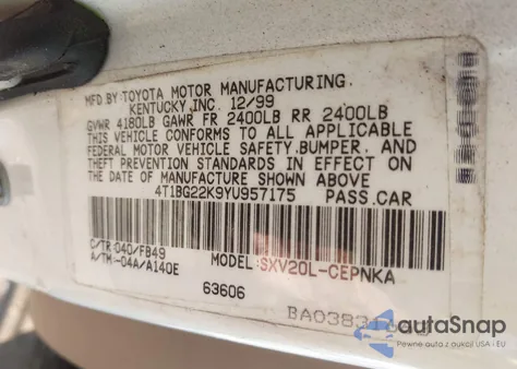 2000 Toyota Camry Ce/Le/Xle из США, поврежденный, VIN 4T1BG22K9YU957175